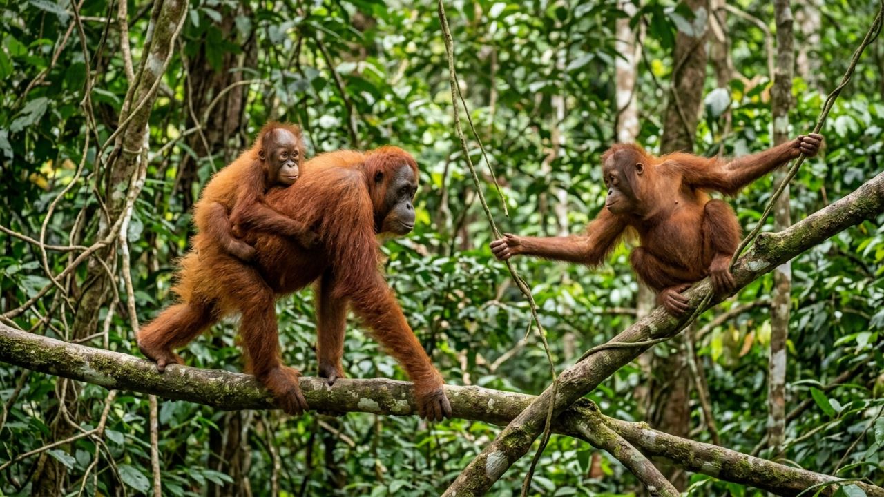 Wild Orangutan Mothers Travel Farther and Spend Less Time Eating to Set Up Playdates for Their Babies in Borneo