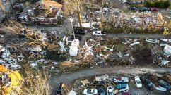 Aerial image taken on December 13, 2021, shows tornado damage