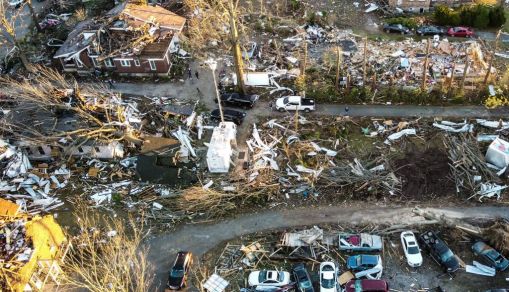 Aerial image taken on December 13, 2021, shows tornado damage