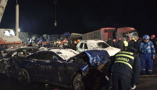 Vehicles crashed into each other in winter weather.