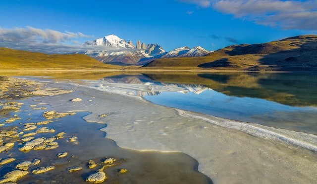 Landscape in Patagonia with the Paine mountain range and the lake Laguna Amarga