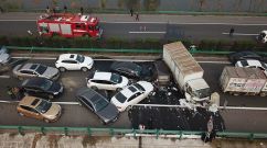 An aerial view of a major car accident on the highway near Yingshang, Anhui province in eastern China on November 15, 2017