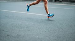 pair of blue-and-white Adidas running shoes