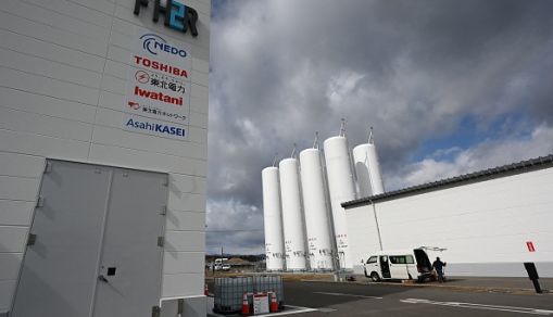 is photo taken on February 15, 2023 shows a section of the hydrogen storage and supply facilities at the "Fukushima Hydrogen Energy Research Field" (FH2R)